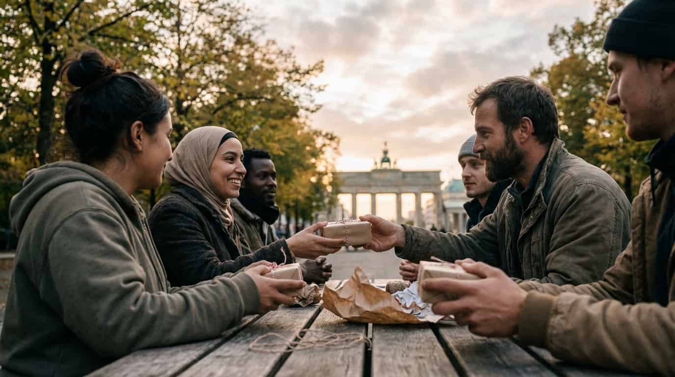 Gruppe an einem Tisch vor dem Brandenburger Tor