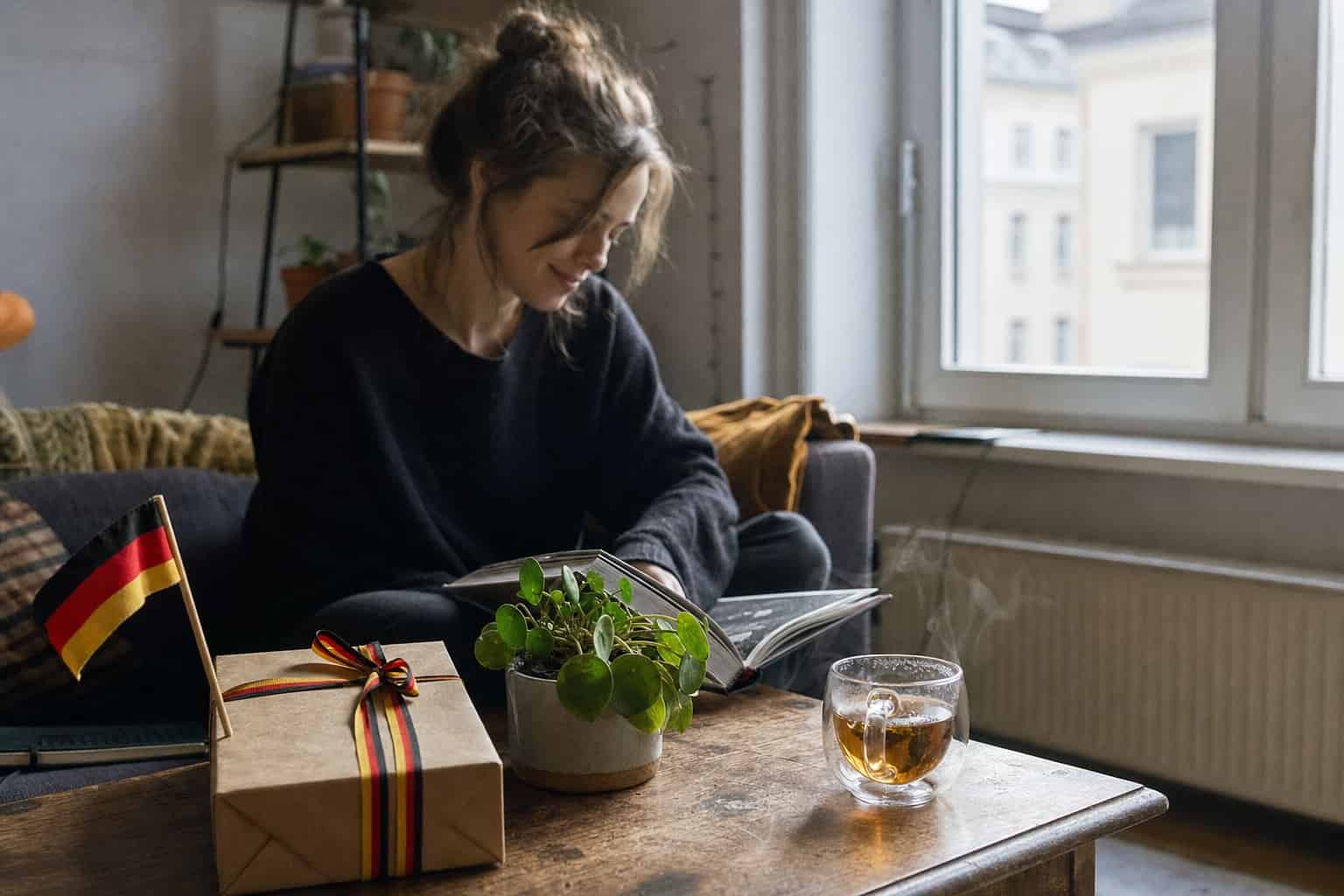 Frau am Wohnzimmertisch neben Geschenk und Deutschlandfähnchen